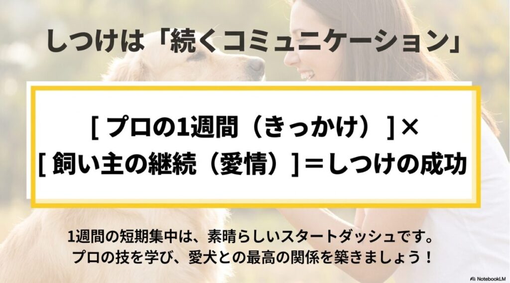 プロの1週間と飼い主の継続を掛け合わせることで、愛犬との最高の関係を築く方程式を示すまとめのスライド