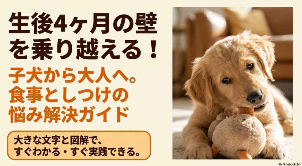 生後4ヶ月の子犬がぬいぐるみと遊んでいる写真。「生後4ヶ月の壁を乗り越える！子犬から大人へ。食事としつけの悩み解決ガイド」というタイトルテキスト。