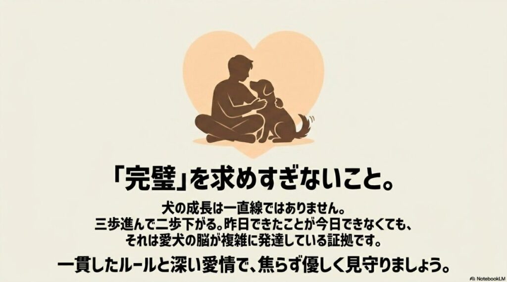 飼い主と犬が向かい合っているシルエット。犬の成長は一直線ではなく「完璧」を求めすぎないこと、一貫したルールと深い愛情で焦らず見守る姿勢を促すメッセージ。