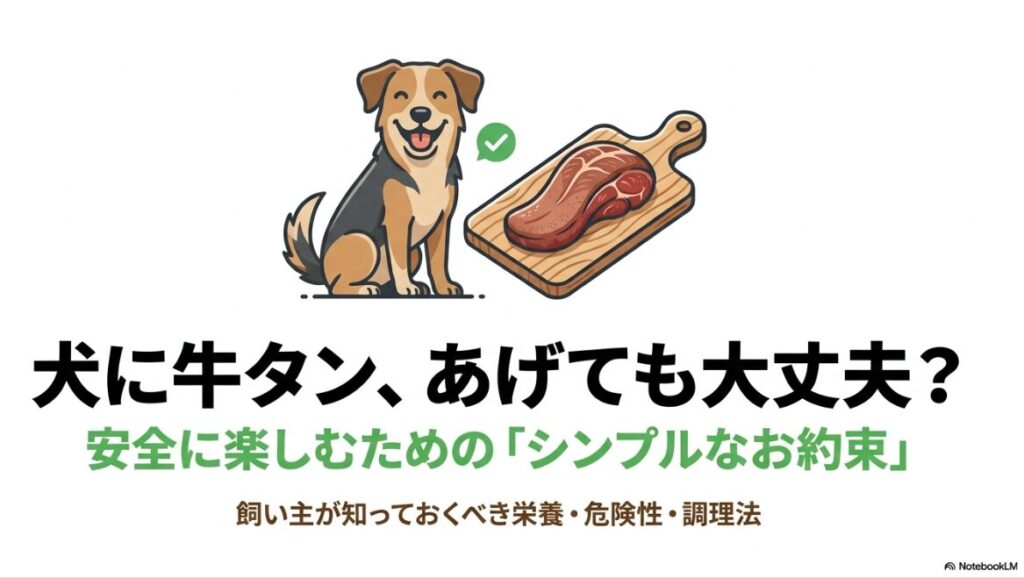 犬に牛タンをあげても大丈夫？安全に楽しむための栄養、危険性、調理法をまとめたスライドの表紙。笑顔の犬とまな板に乗った牛タンのイラスト
