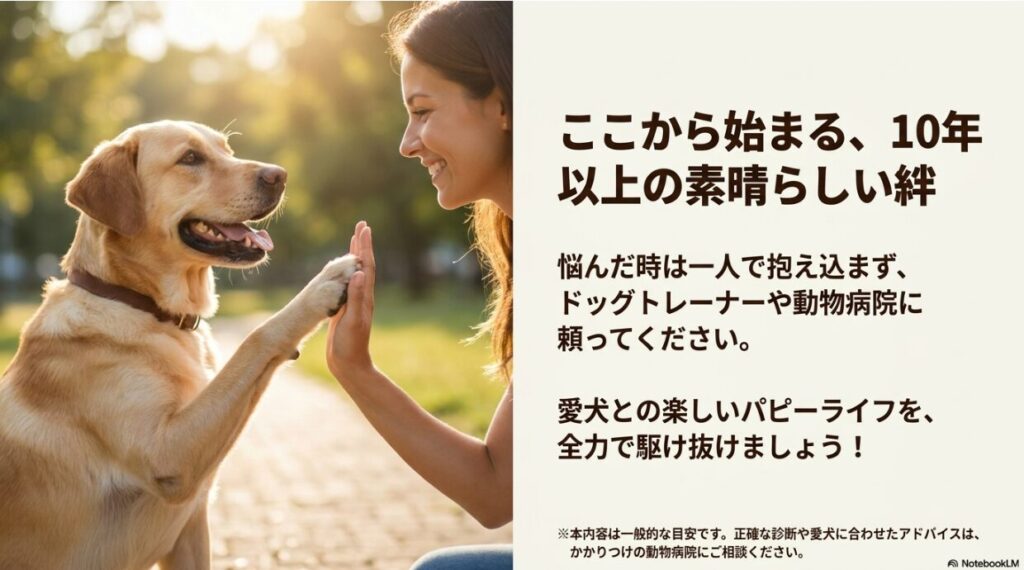 笑顔の飼い主と大型犬がハイタッチをしている写真。悩んだ時はプロに頼ること、愛犬とのパピーライフを全力で駆け抜けることを応援する最終スライド。
