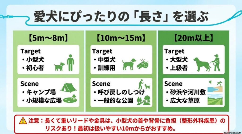 小型犬から大型犬まで、キャンプ場やトレーニングなど使用シーンに応じた適切なロングリードの長さをまとめた比較表