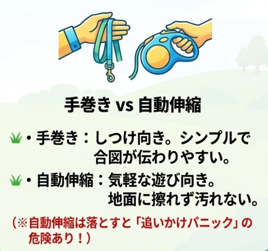 しつけ向きの手巻きタイプと遊び向きの自動伸縮タイプの違い、および自動伸縮リード特有のパニックリスクについての注意喚起