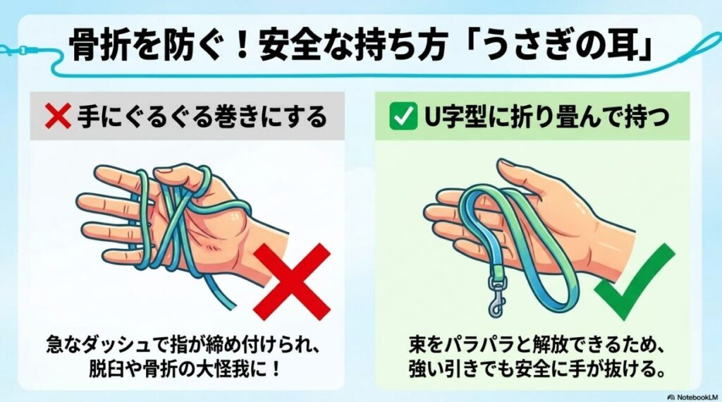 指を骨折する恐れがある「手にぐるぐる巻き」の危険性と、安全に解放できる「うさぎの耳」フォールディング法の比較イラスト