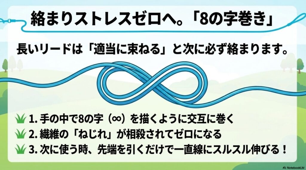 繊維のねじれを相殺し、次に使う時にスルスルと一直線に伸びるように収納するための8の字巻きの解説