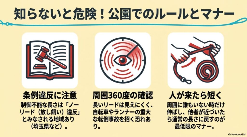 条例違反への注意、周囲360度の確認、他者が来たらリードを短く持つマナーを説明する図