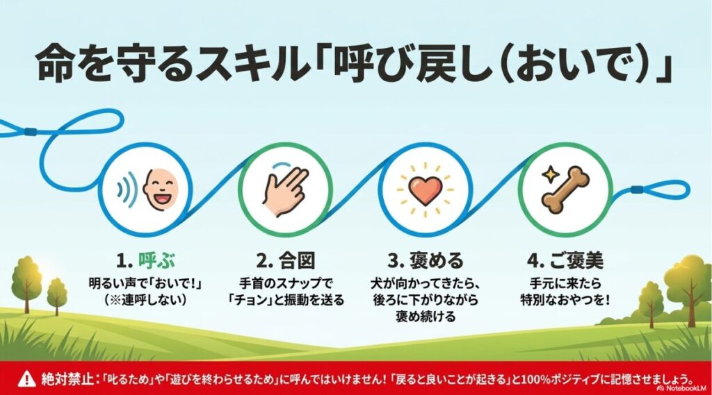 呼ぶ、合図を送る、褒める、ご褒美をあげるという呼び戻し訓練の手順と、100%ポジティブに記憶させるための注意点