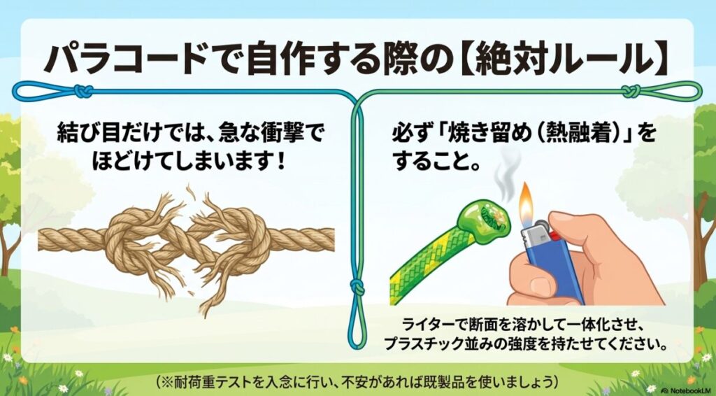 パラコードを自作する際、結び目だけではなくライターでの焼き留めが必要であることを示す強度確保のルール