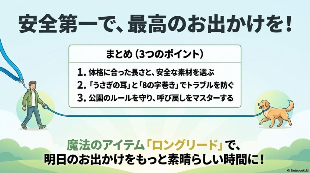 体格に合った長さ選び、安全な持ち方、公園のルール遵守と呼び戻しのマスターをまとめた最終確認スライド