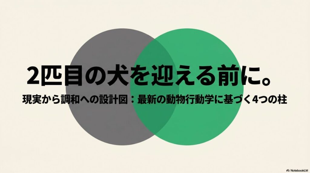 2匹目の犬を迎える前に知っておくべき「現実から調和への設計図」と題されたスライド資料の表紙。