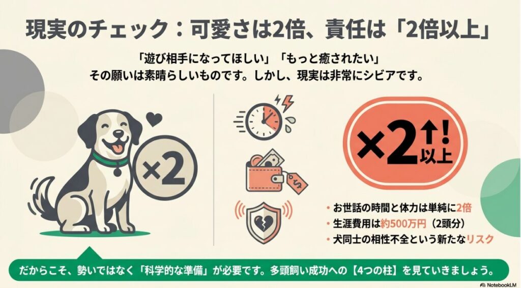 多頭飼いの現実チェック。可愛さは2倍だが、お世話の時間や生涯費用（2頭で約500万円）などの責任は2倍以上になることを示す警告スライド