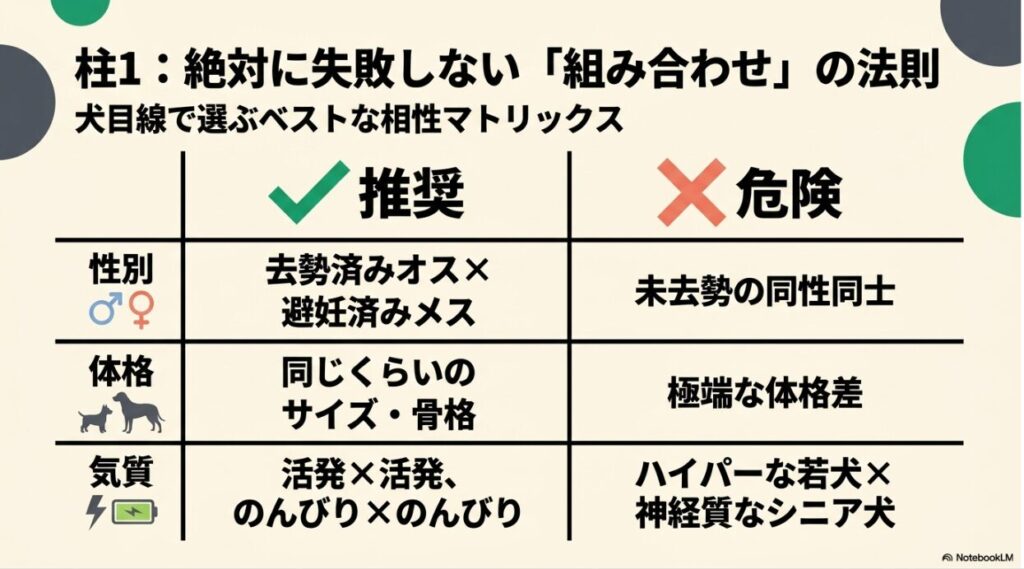 性別（去勢・避妊の有無）、体格、気質に基づいた、多頭飼いで推奨される組み合わせと注意が必要な組み合わせを比較したマトリックス。