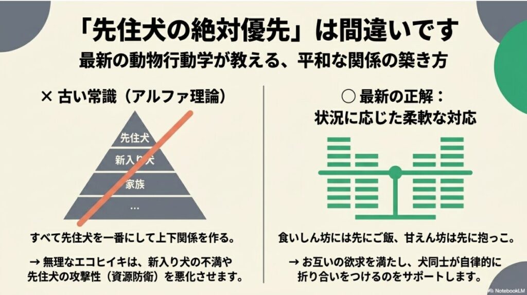 「先住犬絶対優先」という古い常識（アルファ理論）を否定し、個々の欲求に基づいた柔軟で公平な対応を推奨する比較図。