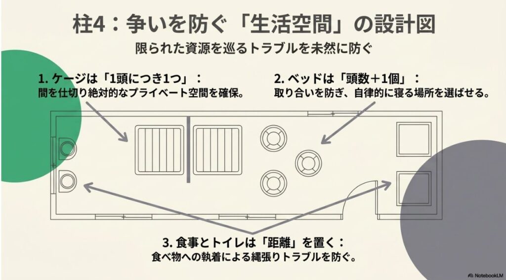 ケージを分け、ベッドを頭数+1個用意し、食事とトイレの距離を置くことで、資源を巡る縄張りトラブルを防ぐ室内レイアウトの設計図。
