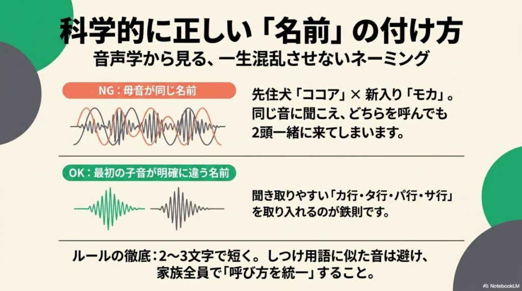 母音が同じ名前（ココアとモカ等）のNG例と、聞き取りやすい子音（カ行・タ行など）を活用した正しい名前選びのルール。