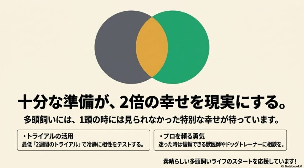 多頭飼い成功に向けた、2週間のトライアル活用とプロへの相談の重要性をまとめた最終スライド。