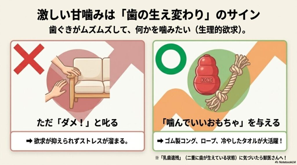 歯の生え変わりでムズムズする生理的欲求を解説。叱るだけではストレスが溜まること、コングや冷やしたタオルなど噛んでいいおもちゃを与える対策の比較図。