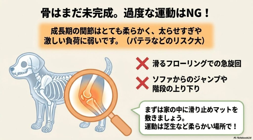 「骨はまだ未完成。過度な運動はNG！」というタイトル。滑る床や階段、高い所からのジャンプのリスクと、滑り止めマットや柔らかい場所での運動を推奨する図解。