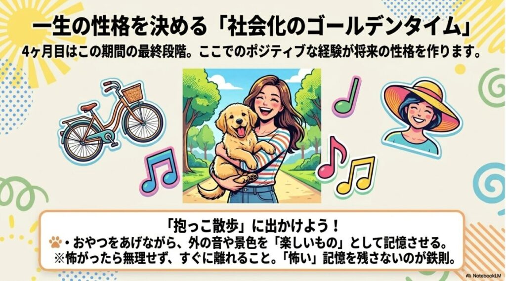 抱っこ散歩をする飼い主と子犬のイラスト。外の音や景色をポジティブに記憶させること、怖がったら無理をしない鉄則を説明する社会化トレーニングの図解