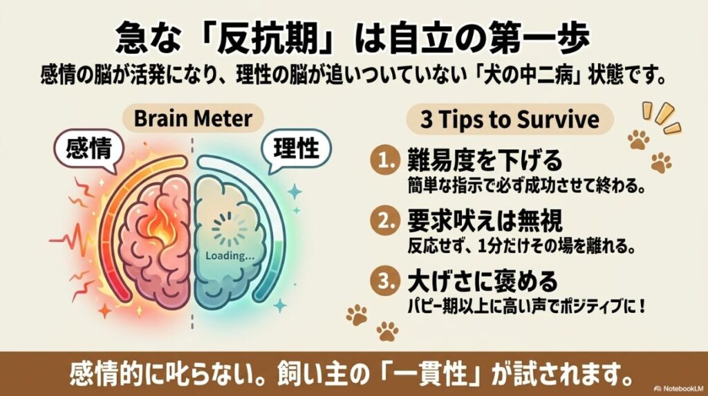 感情の脳が活発で理性の脳が追いついていない状態を「Brain Meter」で表現。指示の難易度を下げる、要求吠えは無視する、大げさに褒めるという3つの対策