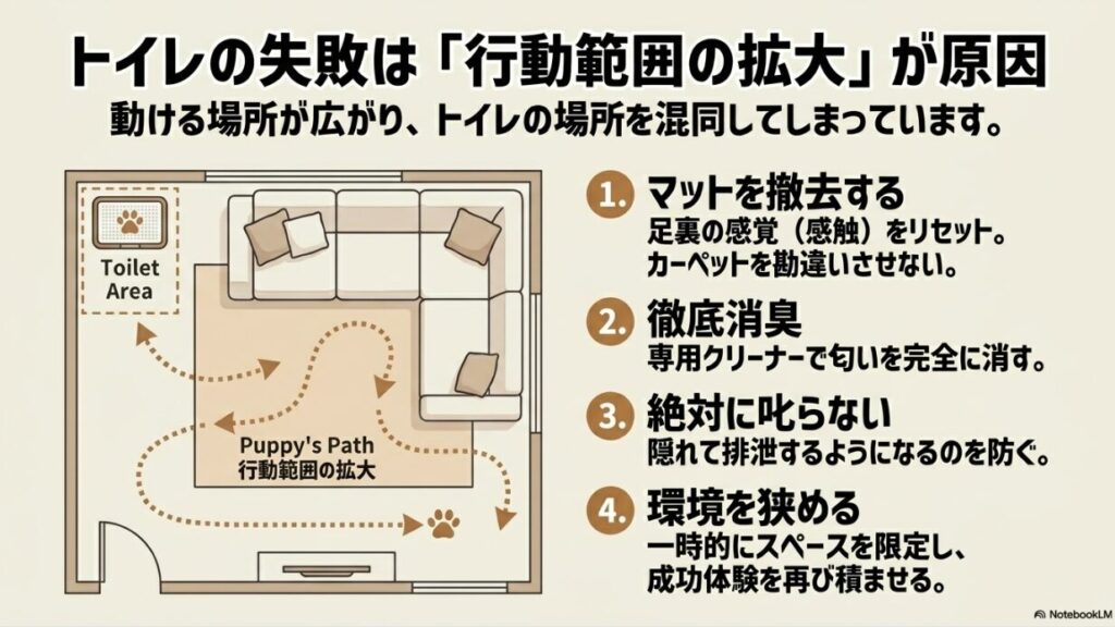 部屋の間取り図上で子犬の行動範囲が広がり、トイレの場所を混同する様子。マット撤去、徹底消臭、絶対に叱らない、環境を狭めるという4つの再学習ステップ