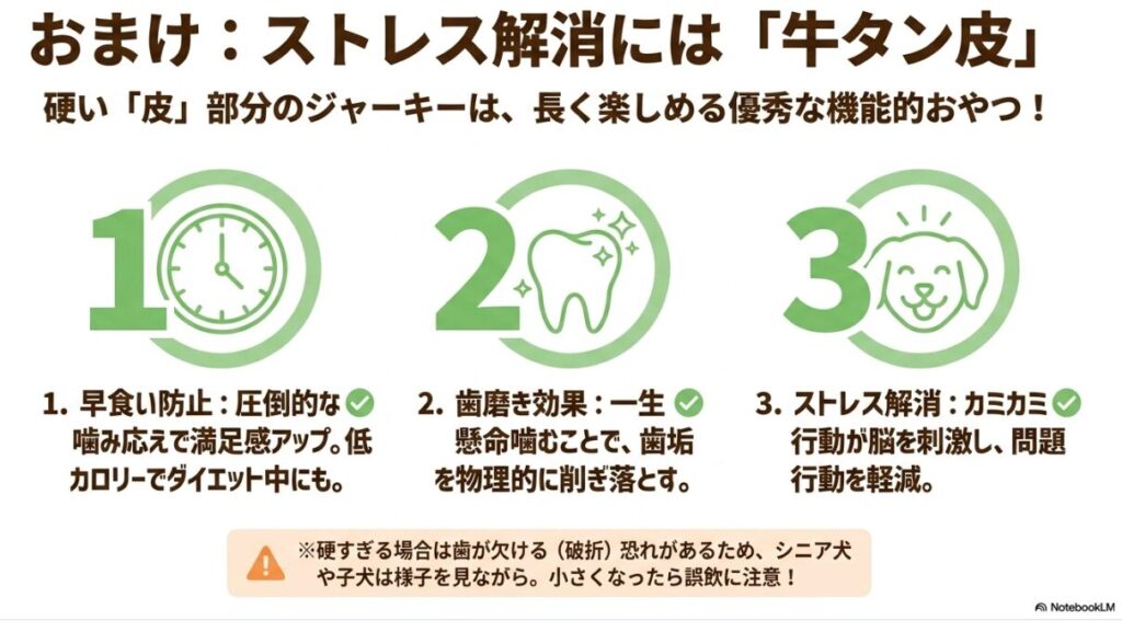 牛タン皮の3大メリット（早食い防止、歯磨き効果、ストレス解消）をまとめたスライド。硬すぎる場合の歯の破折や、小さくなった時の誤飲への注意喚起