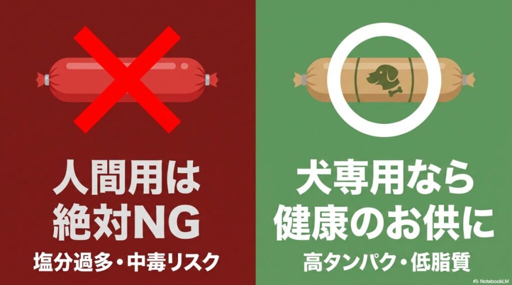 人間用ソーセージは中毒リスクがありNGだが、犬専用なら健康に良いことを示す対比画像
