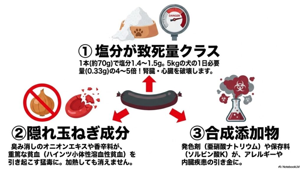 塩分、玉ねぎ成分、合成添加物が犬に与える悪影響をまとめた警告スライド
