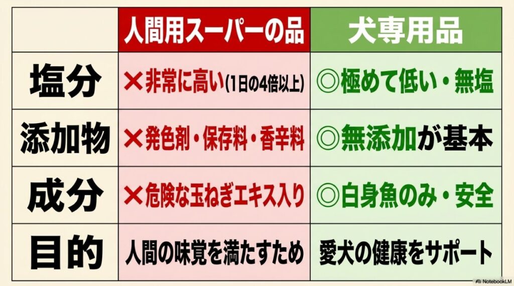 スーパーの人間用ソーセージと犬専用品の塩分・添加物・成分の違いをまとめた比較表