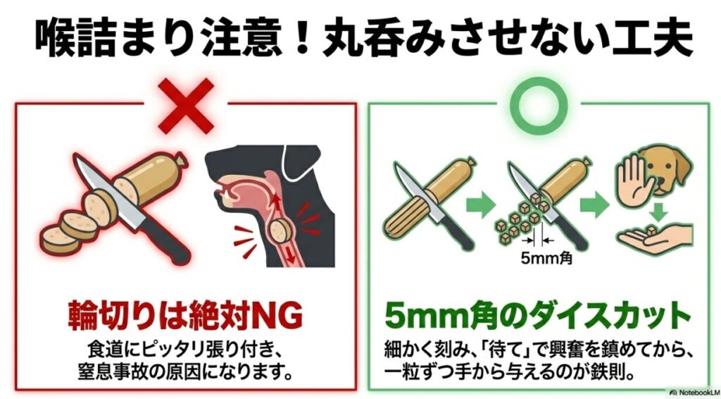 輪切りの危険性と5mm角のダイスカット、手から与える手順を説明した図解画像