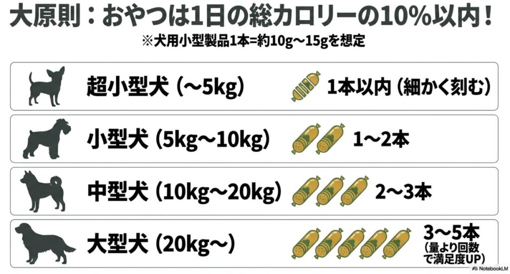 超小型犬から大型犬まで、1日に与えても良いソーセージの本数目安をまとめたスライド
