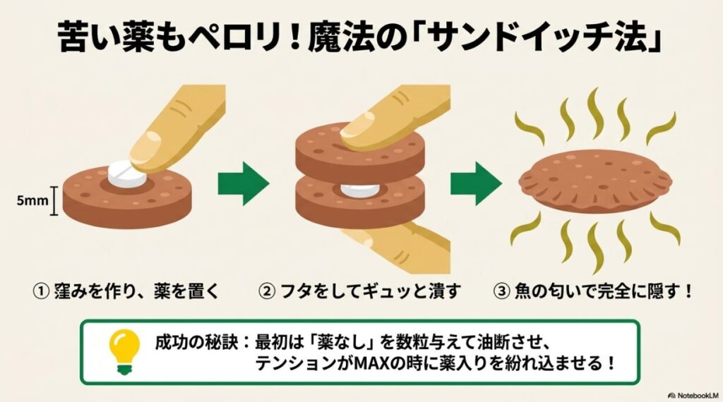 ソーセージに薬を挟んで隠す「サンドイッチ法」の手順と成功の秘訣をまとめた図解