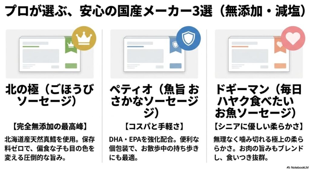 北の極、ペティオ、ドギーマンの各製品の特徴（無添加・減塩など）をまとめた比較画像