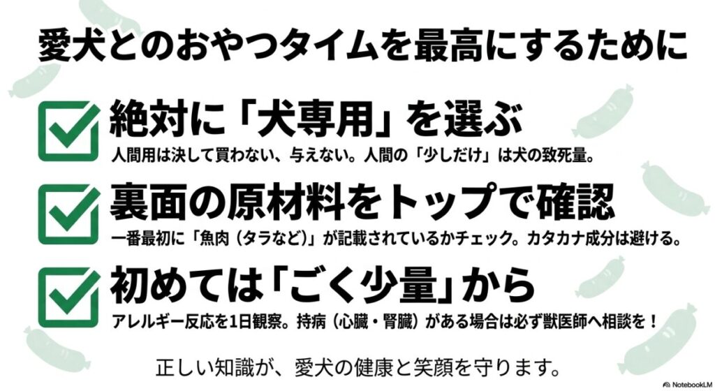 犬専用を選ぶ、原材料を確認、少量から試すという3つの重要ルールをまとめた最終確認スライド