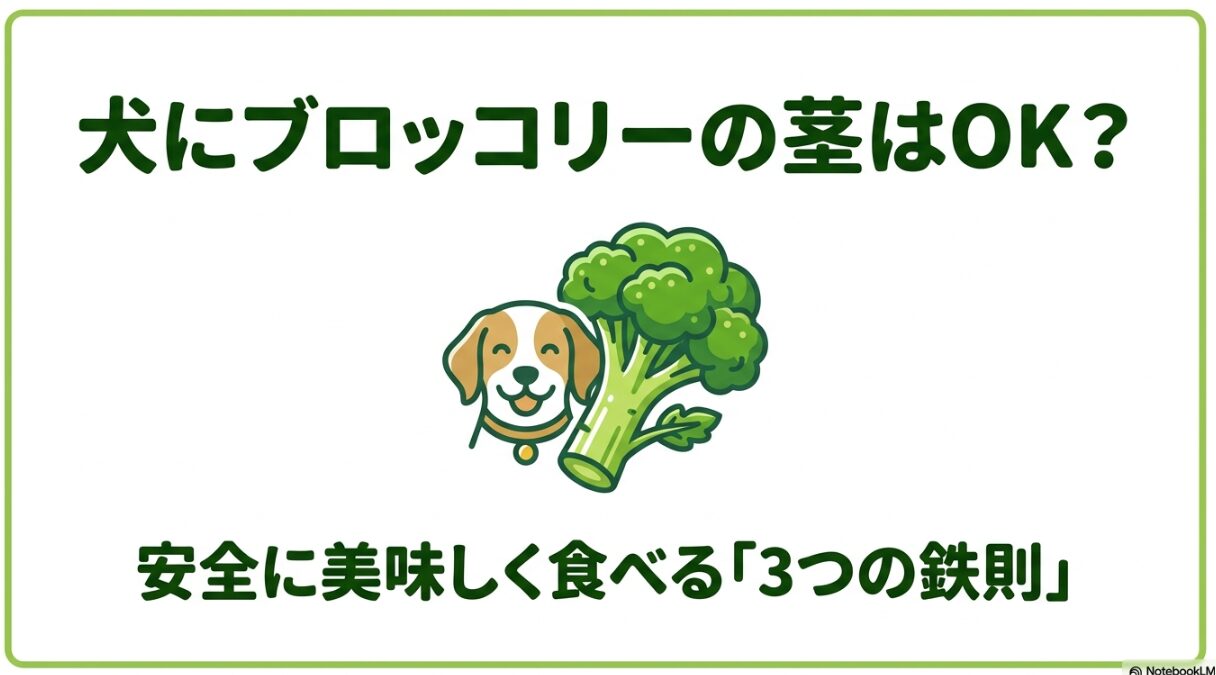 犬がブロッコリーの横で笑っているイラストと、「犬にブロッコリーの茎はOK？安全に美味しく食べる3つの鉄則」というタイトルが書かれたスライド画像