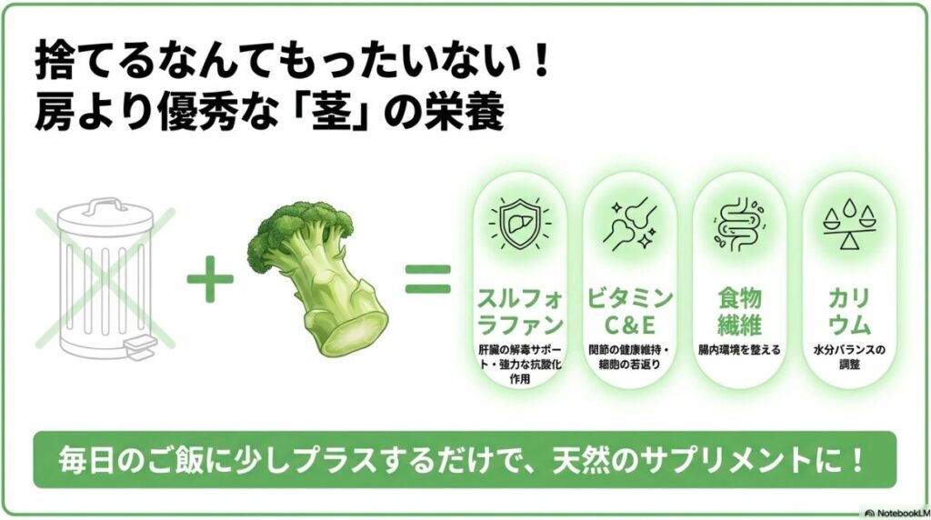 ブロッコリーの茎には、肝臓を助けるスルフォラファン、関節を助けるビタミンC・E、腸内環境を整える食物繊維、水分バランスを整えるカリウムが豊富であることを示す図解スライド