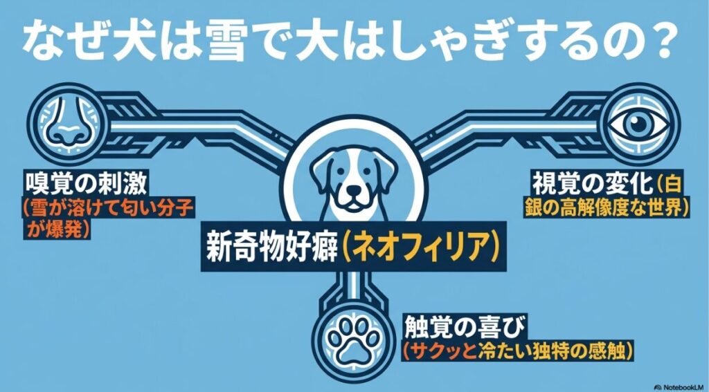 犬が雪で喜ぶ理由の図解。嗅覚の刺激（匂い分子の爆発）、新奇物好癖（変化が好き）、視覚の変化（高解像度な世界）、触覚の喜び（サクッと冷たい感触）の4項目