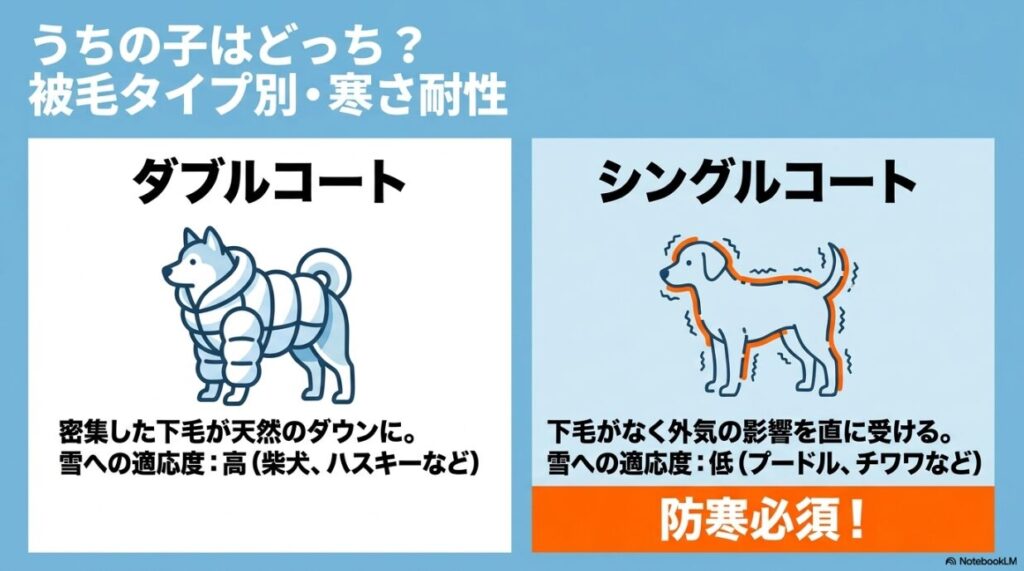 犬の被毛タイプによる寒さ耐性の違い。ダブルコートは適応度高（柴犬、ハスキーなど）、シングルコートは適応度低（プードル、チワワなど）で防寒必須であることを説明するイラスト。