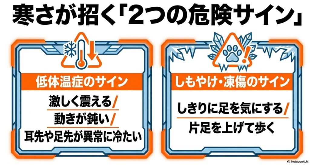 犬の寒さによる危険サイン。低体温症（震え、動きの鈍さ、耳先の冷え）としもやけ・凍傷（足を気にする、片足を上げて歩く）のチェックポイント
