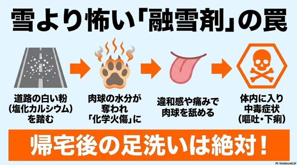 融雪剤の危険サイクル。白い粉を踏むと化学火傷になり、それを舐めることで中毒症状（嘔吐・下痢）が起きる流れの説明。帰宅後の足洗いの重要性