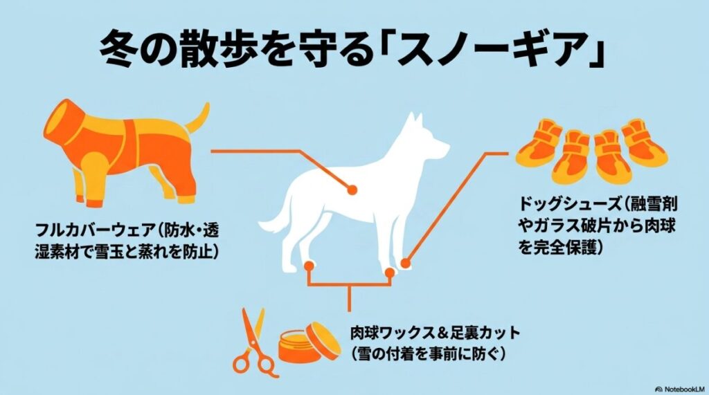 愛犬を守るスノーギアの紹介。フルカバーウェア（雪玉・蒸れ防止）、肉球ワックス＆足裏カット（雪の付着防止）、ドッグシューズ（融雪剤・破片からの保護）