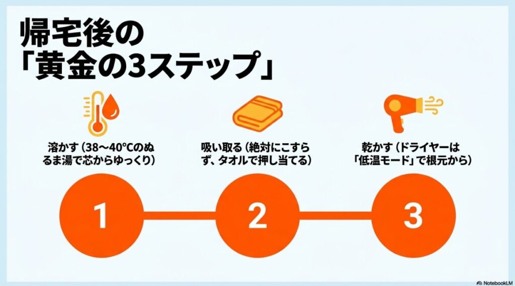 散歩後のお手入れ手順。1.ぬるま湯で溶かす、2.タオルで押し当てて吸い取る、3.ドライヤーの低温モードで乾かすの3ステップ。