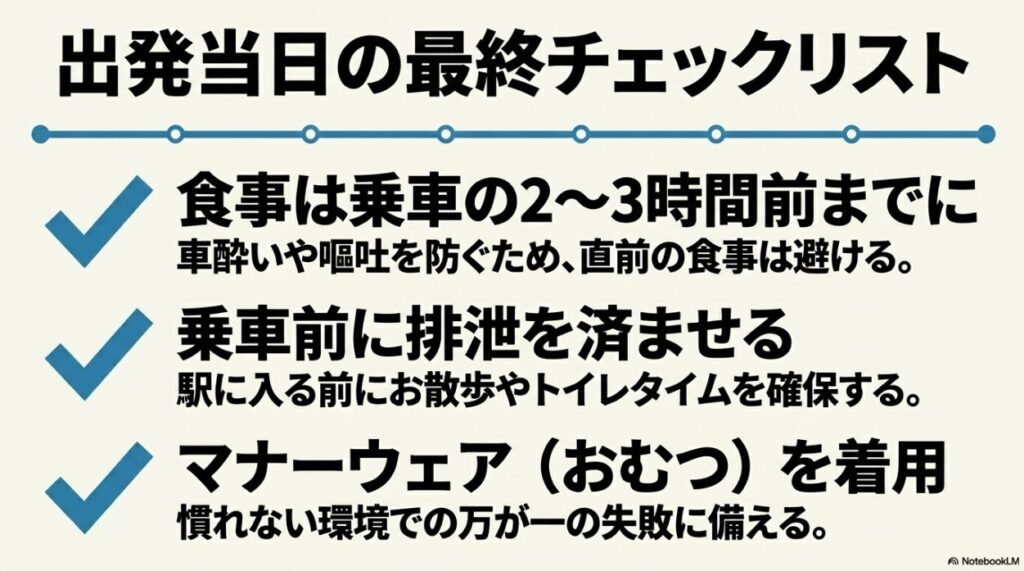 出発当日のチェック（乗車2～3時間前の食事制限、乗車直前の排泄、マナーウェアの着用）のリスト