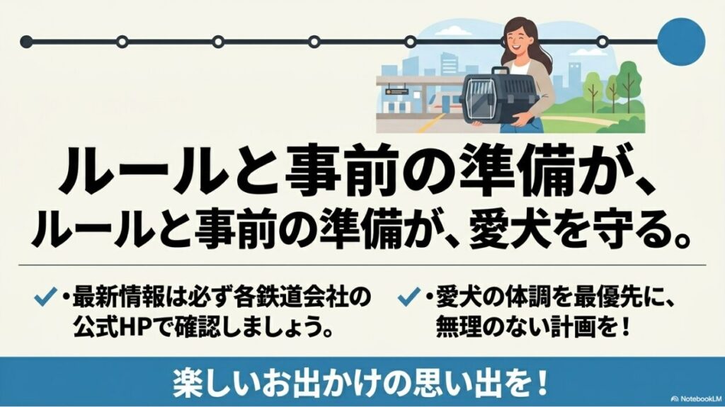 女性が笑顔でキャリーケースを抱えて駅にいるイラストと、公式HPでの最新情報確認、愛犬の体調最優先を促すメッセージ