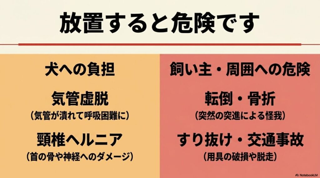 引っ張りグセを放置するリスク：犬への負担（気管虚脱・頸椎ヘルニア）と飼い主への危険（転倒・骨折・すり抜け事故）のまとめ