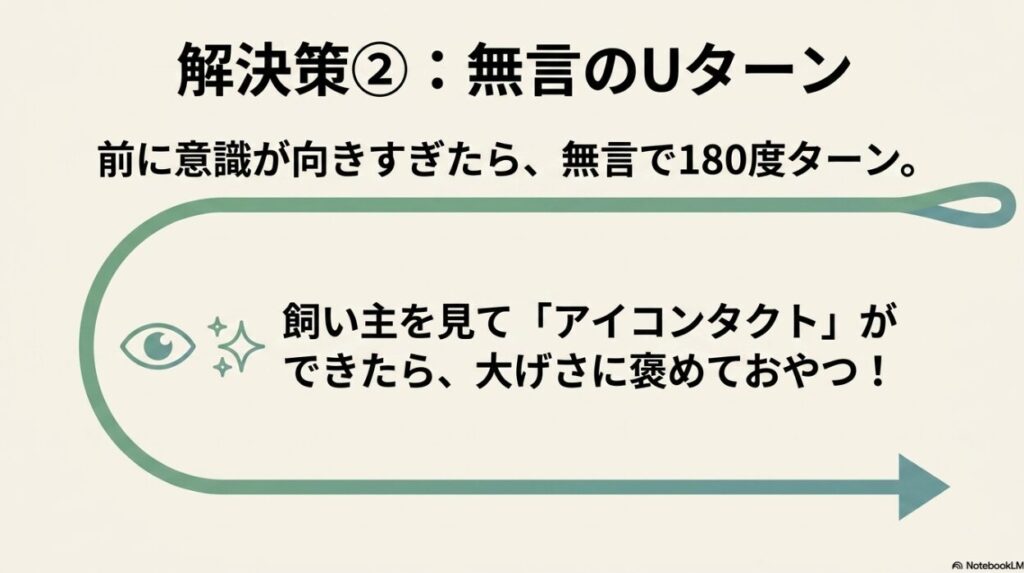 無言の180度Uターン訓練の図解。前に意識が向きすぎたら反転し、目が合ってアイコンタクトができたら褒めておやつをあげる手順