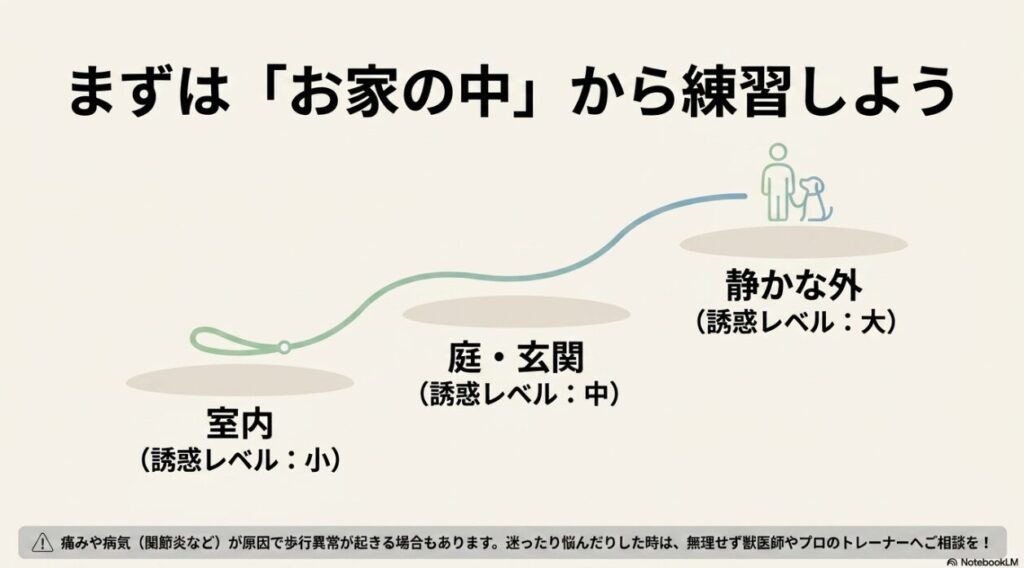 お散歩の練習ステップ：室内（誘惑小）から、庭・玄関（誘惑中）、静かな外（誘惑大）へと段階的に難易度を上げる図
