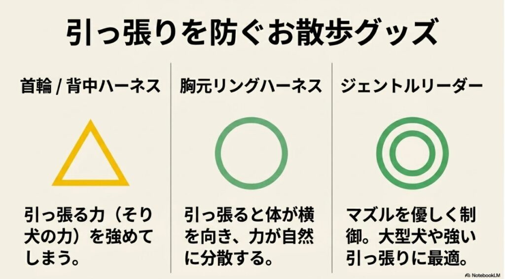 お散歩グッズの比較：首輪や背中ハーネス（引っ張る力を強める）、胸元リングハーネス（力が自然に分散）、ヘッドカラー（マズルを制御）の特徴