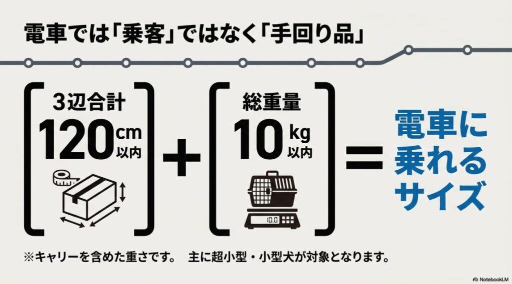 電車に持ち込める犬用キャリーのサイズ制限（3辺合計120cm以内）と総重量制限（10kg以内）の解説図