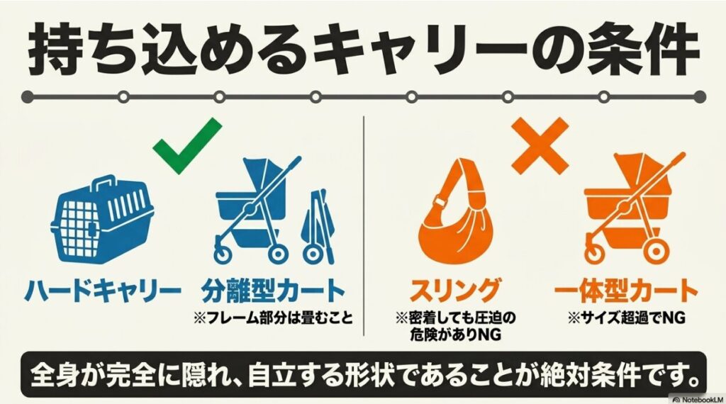電車移動で使えるハードキャリーや分離型カート（OK例）と、使用できないスリングや一体型カート（NG例）の比較図